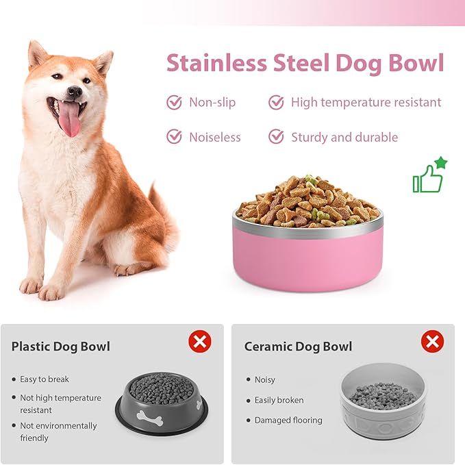Stainless Steel Dog Bowl, Metal Water and Food Dish for Large Dogs, Insulated Non-Slip Pet Bowl