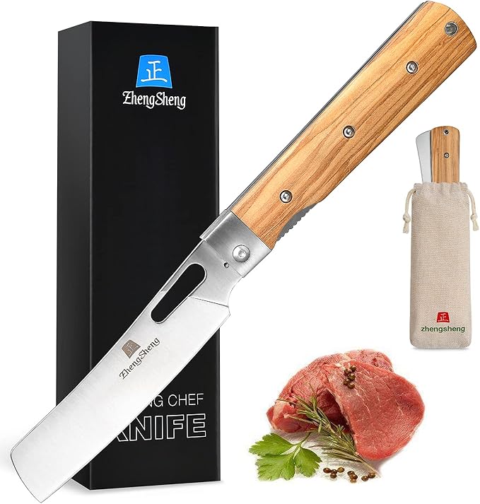 Folding Chef Knife 4.8” Ultra Sharp 440A Stainless Steel Blade Natural Olive Handle Pocket Foldable