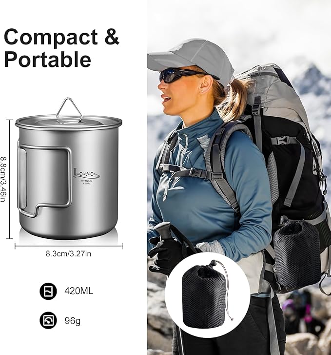 Titanium Pot with Lid, Lightweight Camping Pot with Foldable Handles, Portable Titanium Cooking