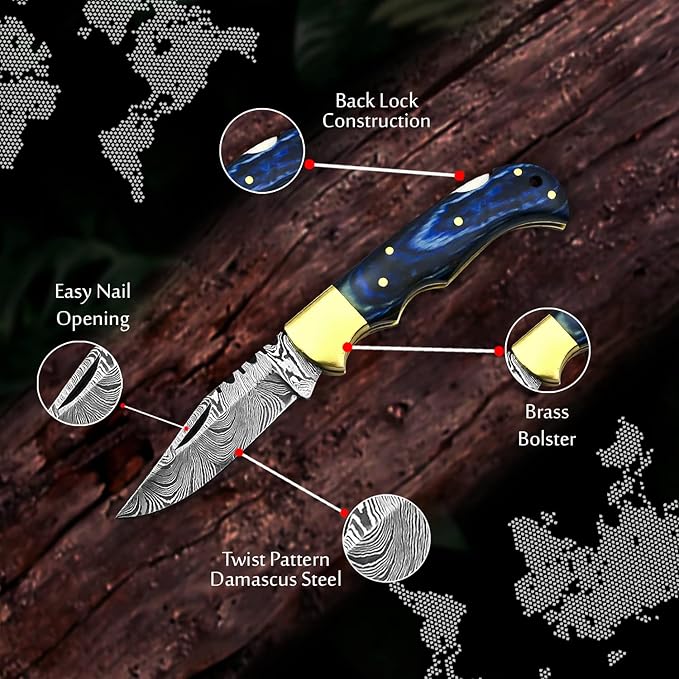 Handmade Damascus Pocket Knife for Men - 6.5 Inch Damascus Knife with Sheath - Damascus Folding