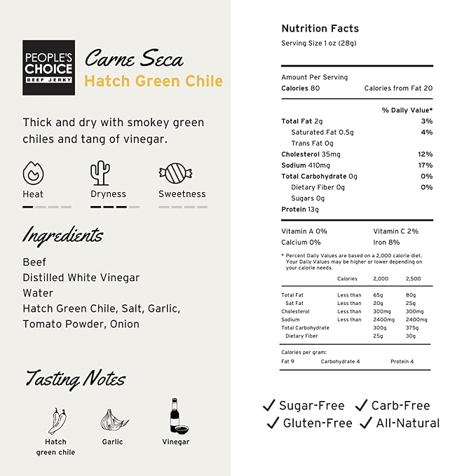 People’s Choice Beef Jerky – Carne Seca – Hatch Green Chile – 13g Protein – Sugar Free, Zero Carb