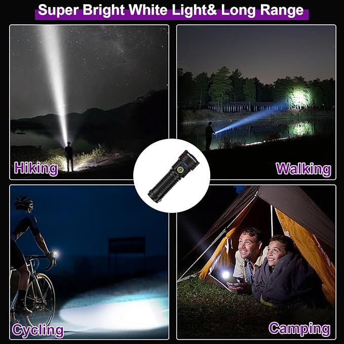 2-in-1 365nm UV Flashlight & High Lumens LED Flashlight, 7 Modes Rechargeable, 18H Runtime, IPX5