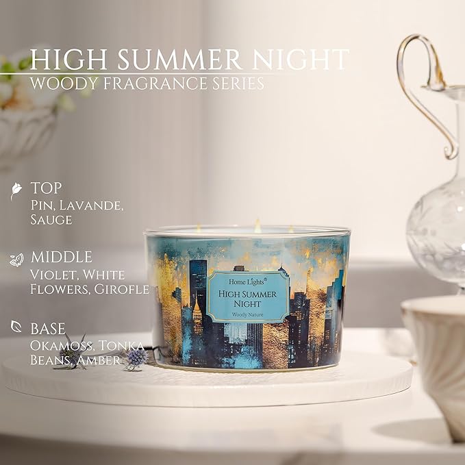 HomeLights High Summer Night Scented Candles | 18oz Soy Candles Industrial Chic 4-Wick Large Candle