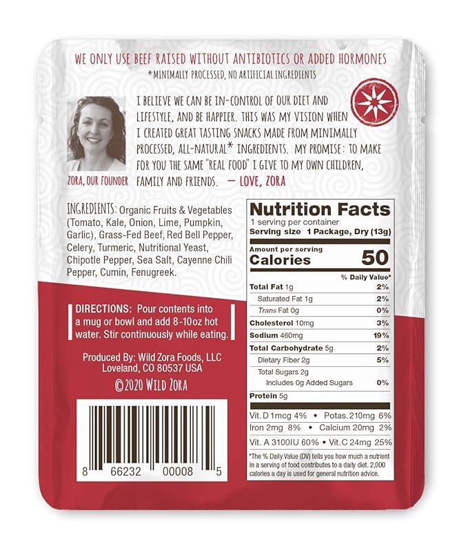Wild Zora Instant Keto-Friendly Soups Picante Beef 8-pack Broth Made with 100% Grass-Fed Beef, and