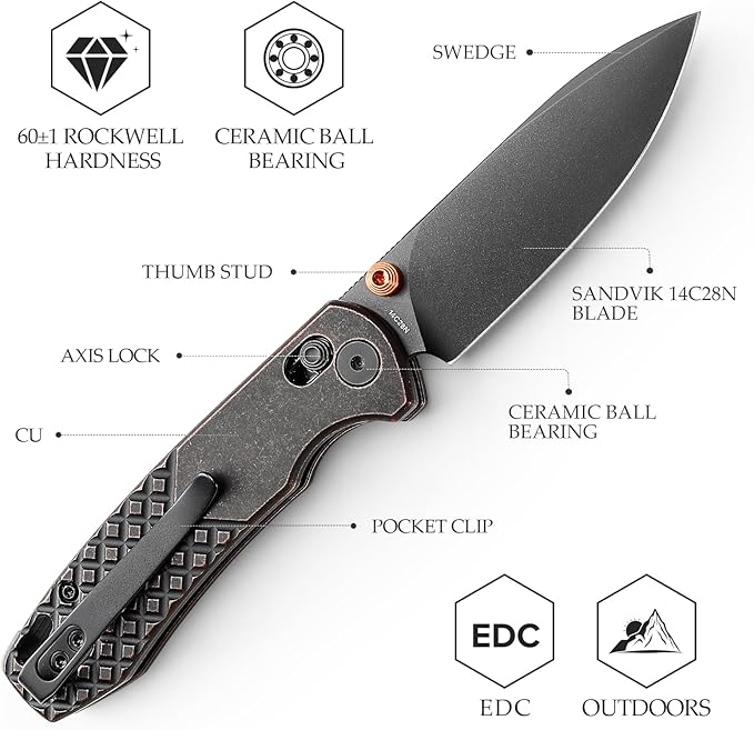 EDC Folding Pocket knife with Clip for Men,Thumb Studs Crossbar Lock Knives with 2.99" 14C28N Steel