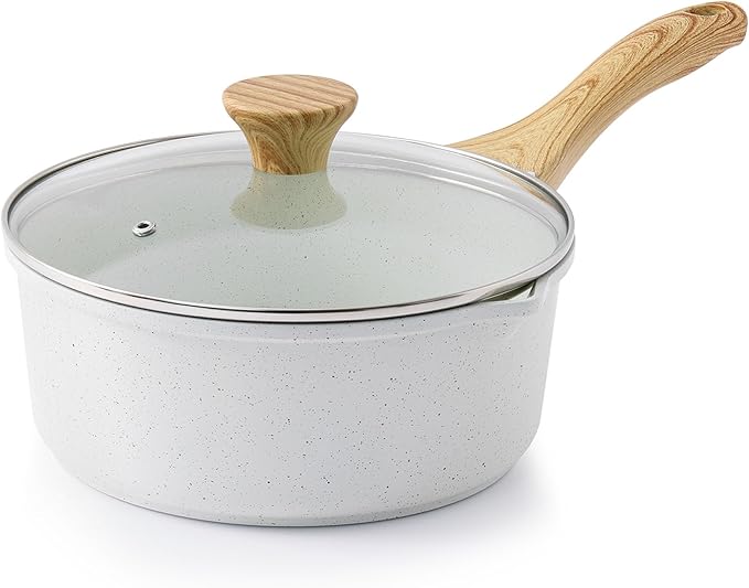 SENSARTE White Ceramic Nonstick Saucepan with Double Spout 3.0 Quarts, Cooking Pot with Stay Cool