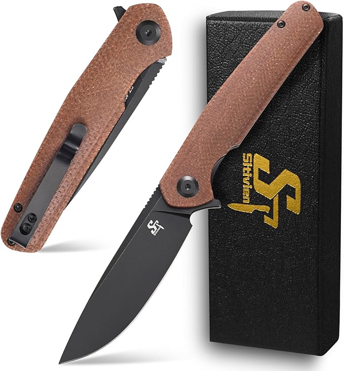 Sitivien ST102 Folding Knife, D2 Steel Blade+Micarta Handle EDC Tool Knife for Outdoor, Camping