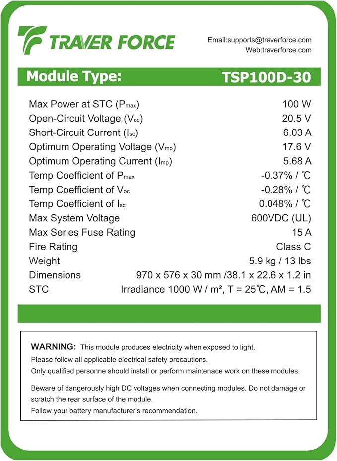 Traver Force Solar Panel 100 Watt 10BB Monocrystalline 12V Solar Panels for Home High Efficiency