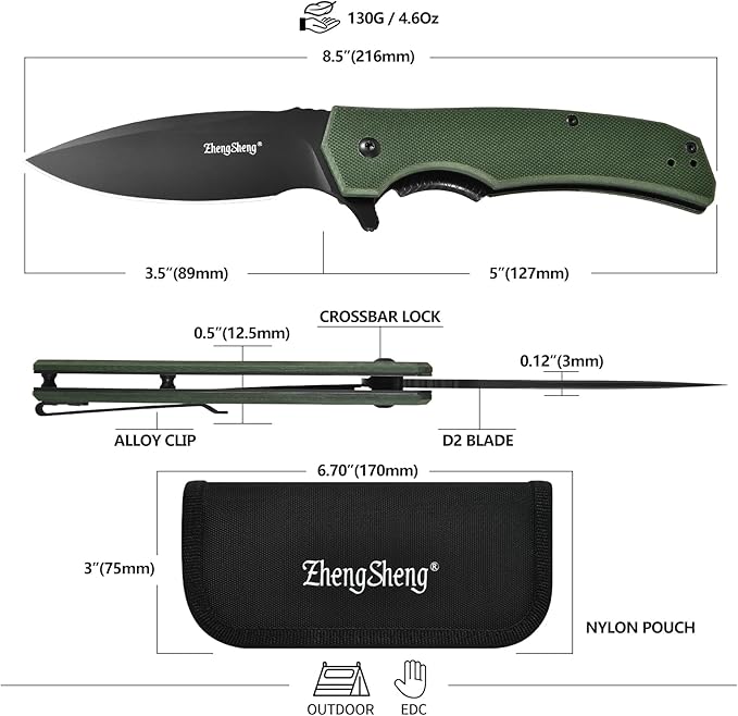 Praxis Folding Pocket Knife, 3.6" PVD Titanium Coating D2 Steel Blade Foldable Knife with G10