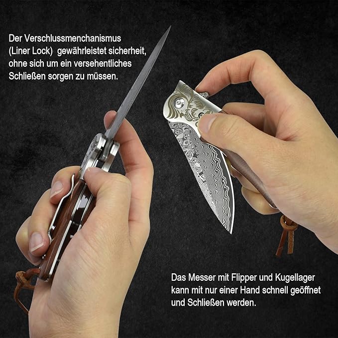 AUBEY Damascus Pocket Knife with Clip, Folding Knives with VG10 Damascus Steel Blade, Wooden