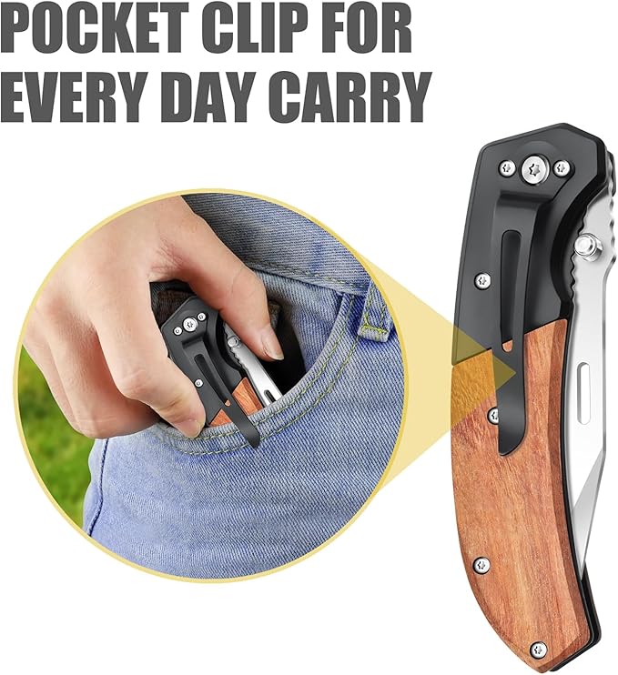 Harita Pocket Knife for Men, Folding Utility with Pocket Clip, Wood Handle EDC for Women with 3.4″