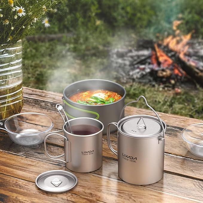 Lixada Titanium Camping Cookware with Folding Spork, 750ml Camping Titanium Pot & 450ml Coffee Mug