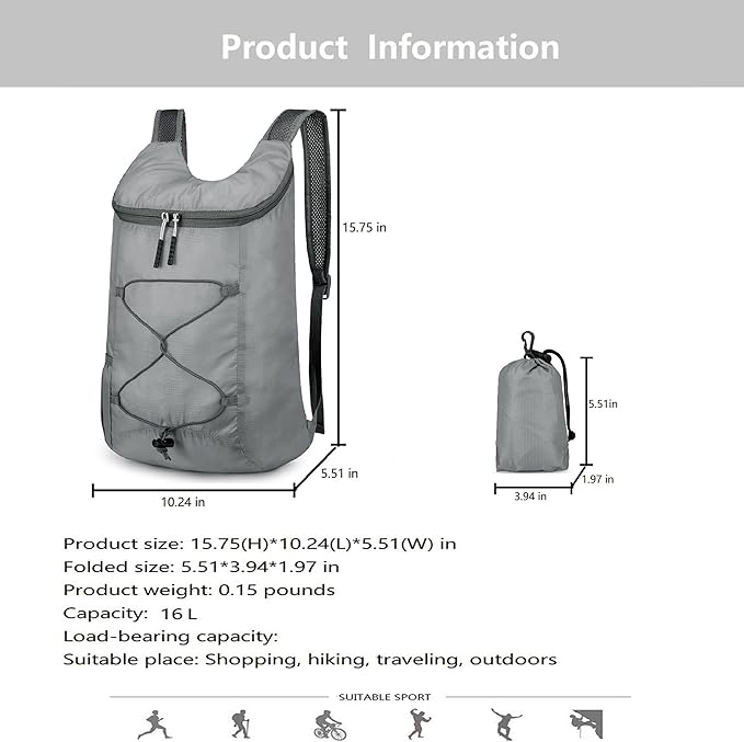 16L Lightweight Foldable Hiking-Backpack Small Packable-Daypack For Travel,Ultralight
