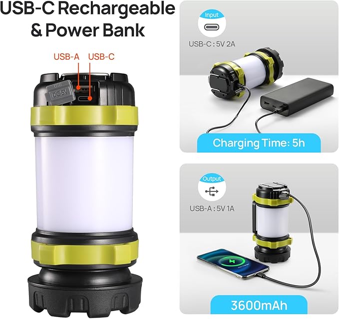 LED Camping Lantern Flashlight Rechargeable(Pack of 1), Consciot Portable Torch with 6 Light Modes