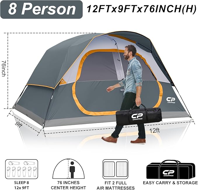 CAMPROS CP Tent 8 Person Camping Tents, Waterproof Windproof Family Tent with Top Rainfly, Large