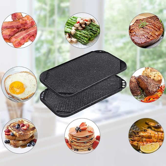 SENSARTE Nonstick Griddle Grill Pan, Pro-Grid Reversible Grill & Griddle Pan, Two Burner Cast