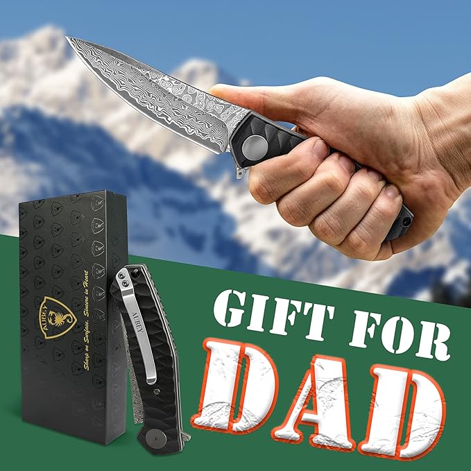 AUBEY Damascus Pocket Knife for Men with Clip EDC, 3.23" VG10 Core Damascus Steel Blade Folding