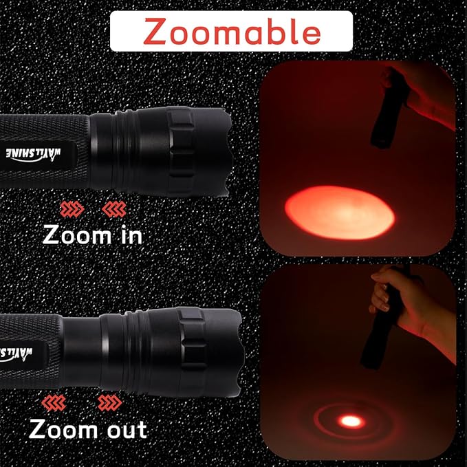 Stepless Dimming Red Light Flashlight, 620nm-630nm High Purity, Adjustable Brightness and Focus for