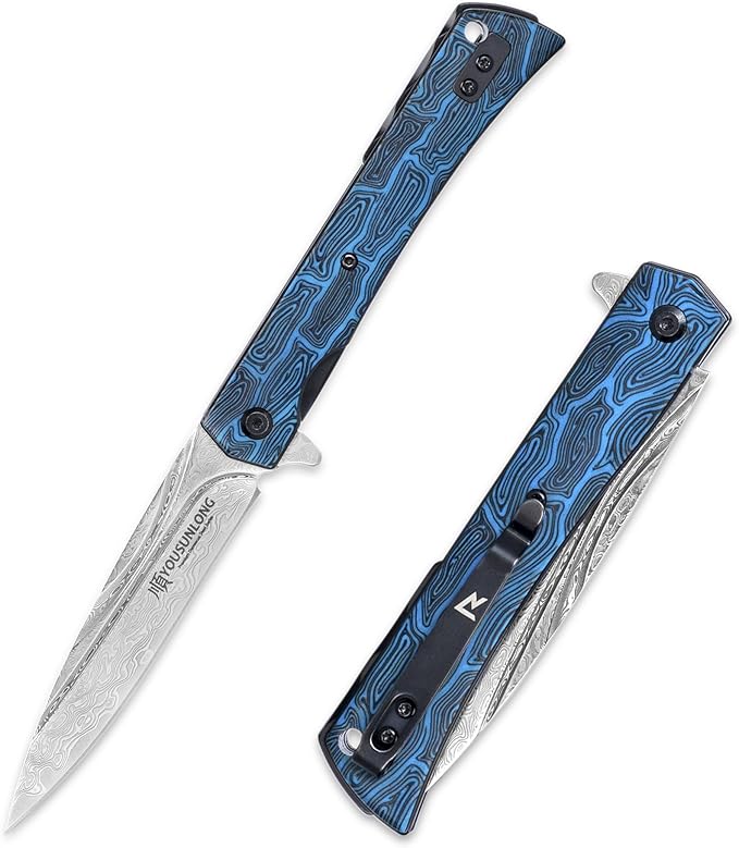 YOUSUNLONG Camping Folding Knife - Hammered Damascus Steel Blade Overall 215mm - Blue Damascus