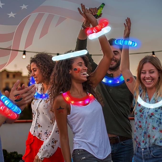 Red White Blue Glow Sticks 12 PCS, American Usa Flag Accessories Light up Bracelets Necklaces for