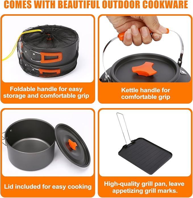 Portable 2 Burner Camping Stove Set with Cookware, Outdoor Cooking Kit Includes Outdoor Folding Gas