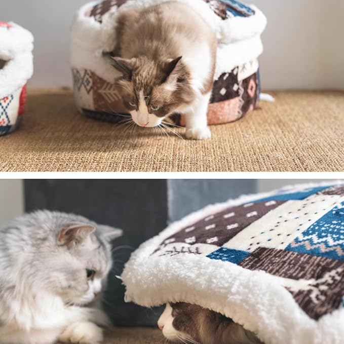 Cat Cave Bed ??Plush, Warm & Calming Hideaway with Detachable Lid & Mat, Covered House for Indoor