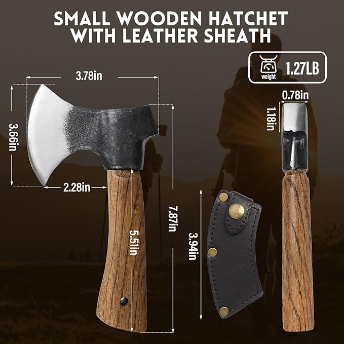 Small Camping Axe with Leather Sheath, 8.46" Backpacking Hatchet with Wooden Handle, Splitting Axe