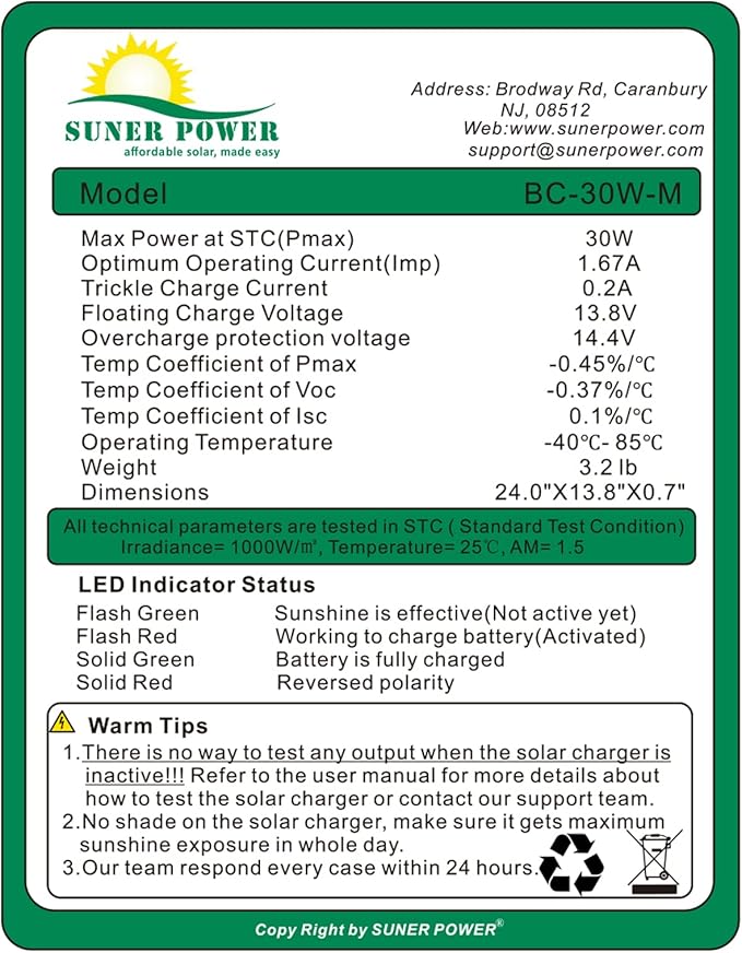 SUNER POWER 30W 12V Solar Battery Charger Maintainer, Built-in Smart MPPT Charge Controller