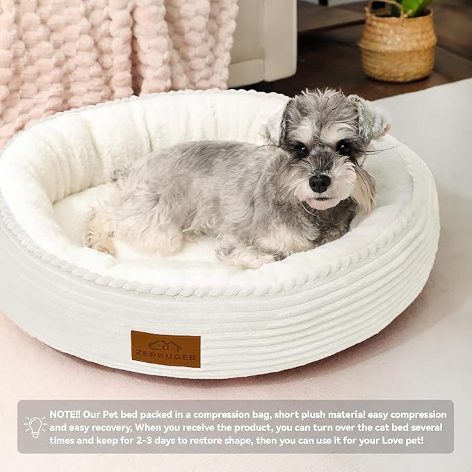 20in Cream Round Cat Dog Bed Gift for Large Medium Small Dogs Cats, Machine Washable Sleeping Sofa