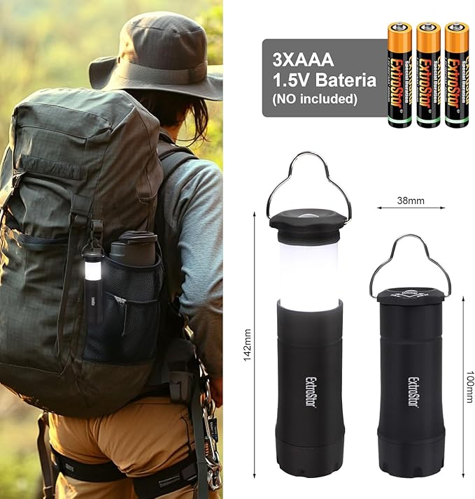 EXTRASTAR LED Camping Lanterns, 2-in-1 Battery Operated Flashlight, Zoomable Torch 3 Modes, Max 35