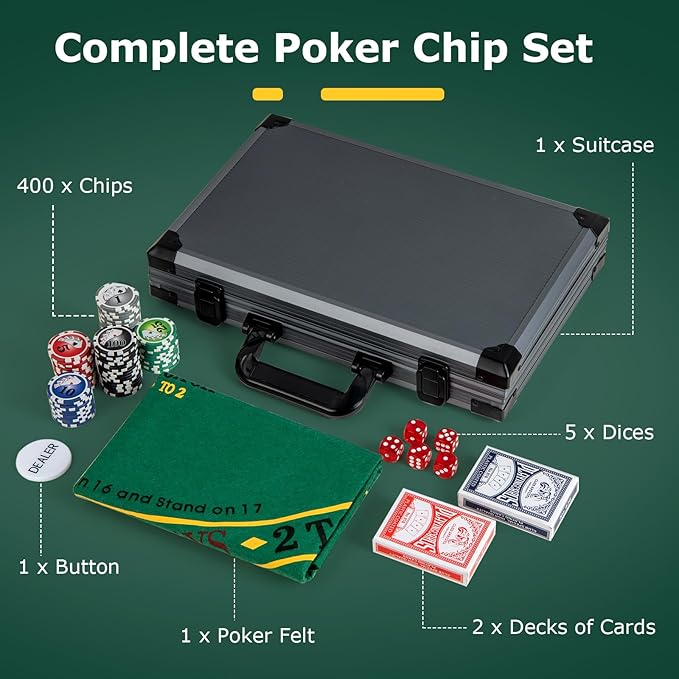 Goplus Poker Chip Set, Casino Poker Chips with 400 PCS Chips, 2 Decks Cards, Dealer Button, Poker