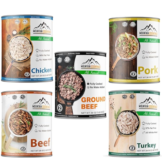 MOUNTAIN ESSENTIALS Canned Meat Sampler Pack 28 Oz – 1 Can Each of Chicken, Turkey, Pork, Beef &