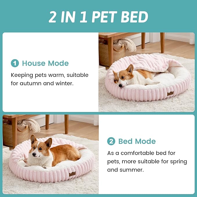 Small Dog Bed with Hooded Blanket, Round Fluffy Anti-Anxiety Pet Bed for Small Dogs & Medium Dogs