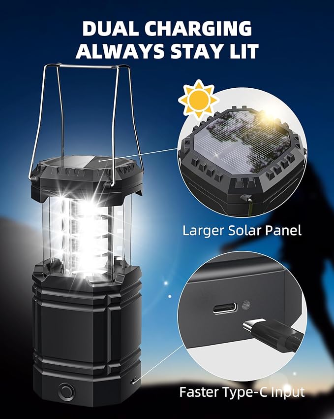 4 Pack Solar Camping Lantern with 1600mAh Rechargeable Battery, 30-Hour Runtime, 360° LED Tent