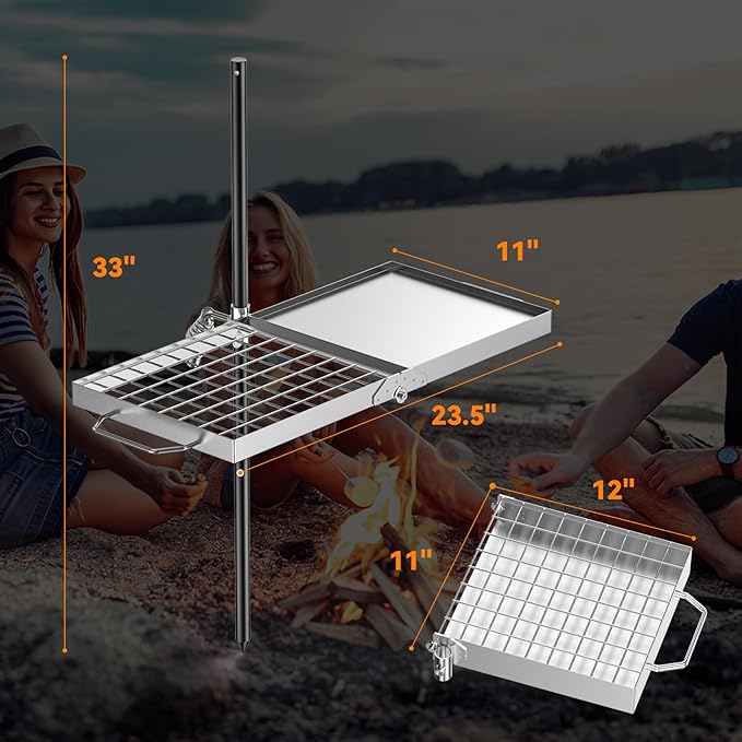 Skyflame Folding Campfire Grill Grate, Stainless Steel Swivel Camping Grill Grate and Griddle with