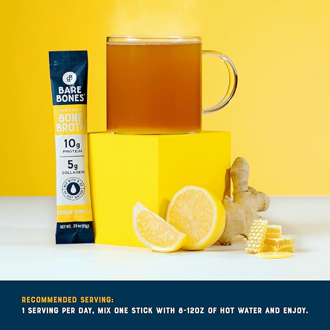 Bare Bones Bone Broth Instant Powdered Mix, Lemon Ginger, Pack of 16, 15g Sticks, 10g Protein, Keto
