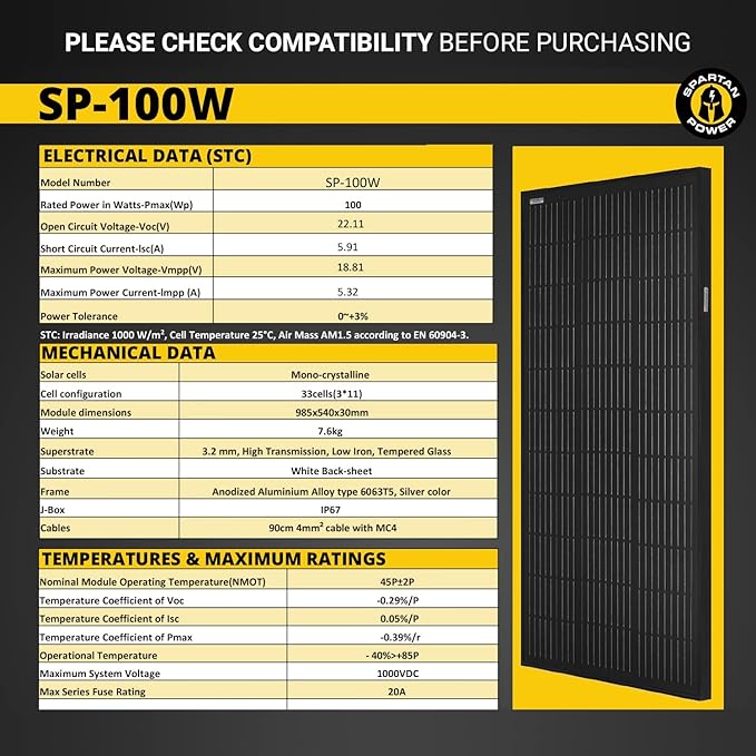 Spartan Power 100 Watt Solar Panel 9 Bus Bar Black Mono Great for RV, Trailer, Camper, Boat, Cabin