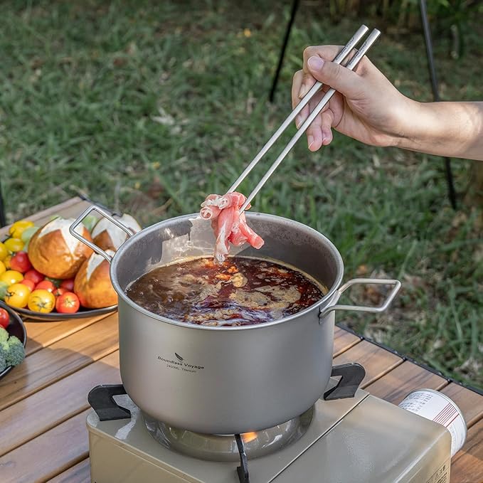 iBasingo 1.2L+1.8L+2.4L Titanium Pots Set with Lid Camping Cookware with Foldable Handle Portable