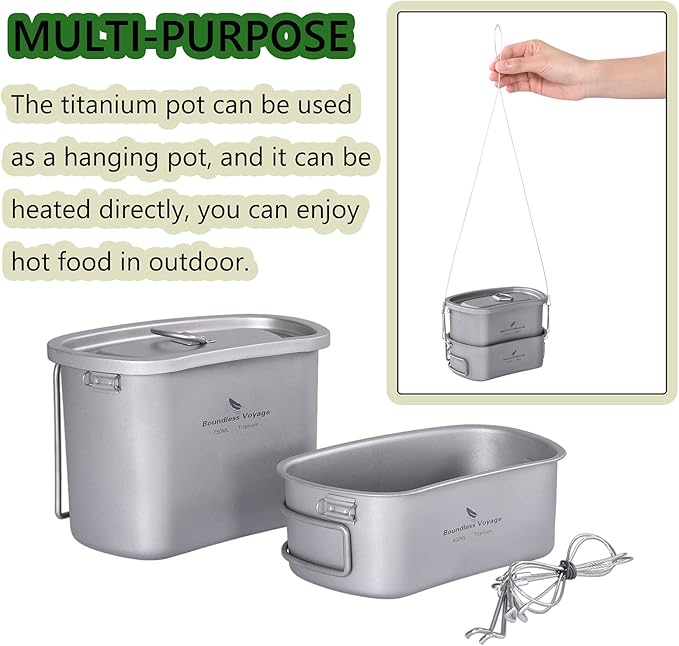 iBasingo Titanium Canteen Mess Kit with Folding Handle Hanging Ring Ultralight Portable for Lunch