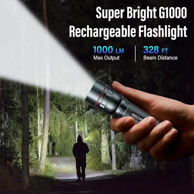 Rechargeable Flashlights High Lumens, G1000 Super Bright Flash Light Grey, Small Zoomable LED