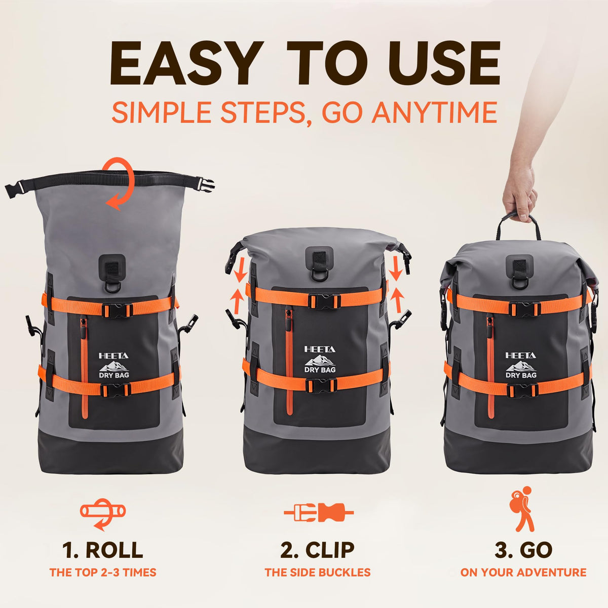 HEETA Dry Bags Waterproof Backpack 40L for Men & Women, Roll Top Heavy Duty