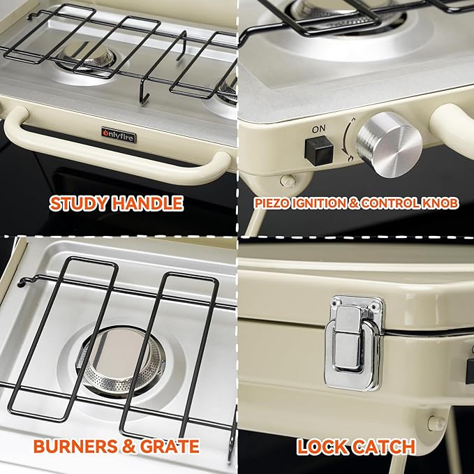ONLYFIRE OUTDOOR LIVING Portable Camping stove 2-Burner, Propane Gas Stove with Foldable Legs, Camp