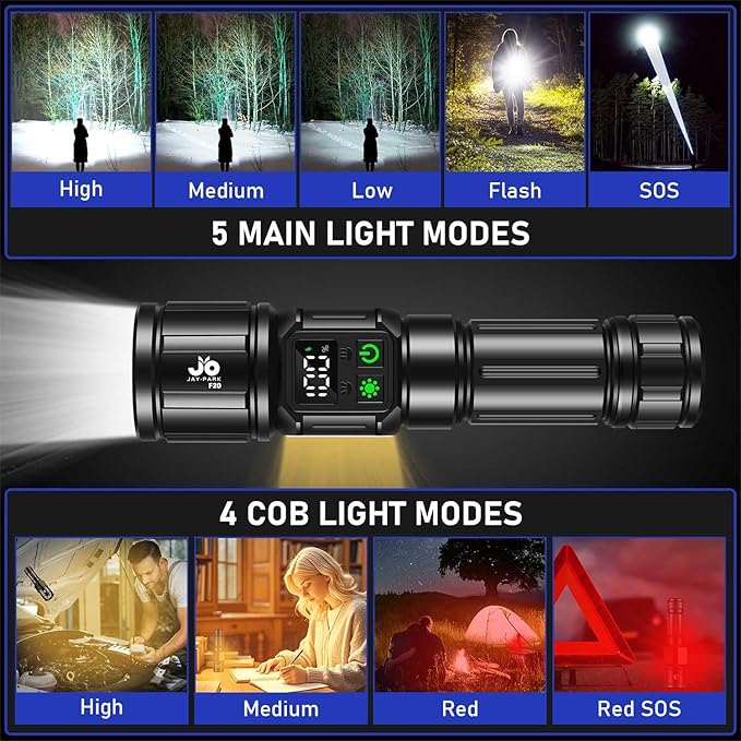JAY-PARK Flashlights High Lumens, Rechargeable Flashlight 10000 Lumens with Magnetic, Bright Flash
