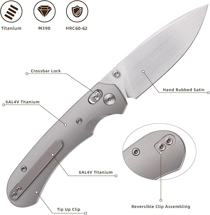 Folding Pocket Knife,3.31” M390 Blade,Erogonomic Titanium Handle,Hunting Survival Knife,EDC Knife