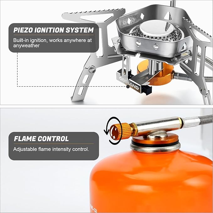 Odoland 3500W/6800W Windproof Camp Stove Camping Gas Stove with Windscreen, Fuel Canister Adapter