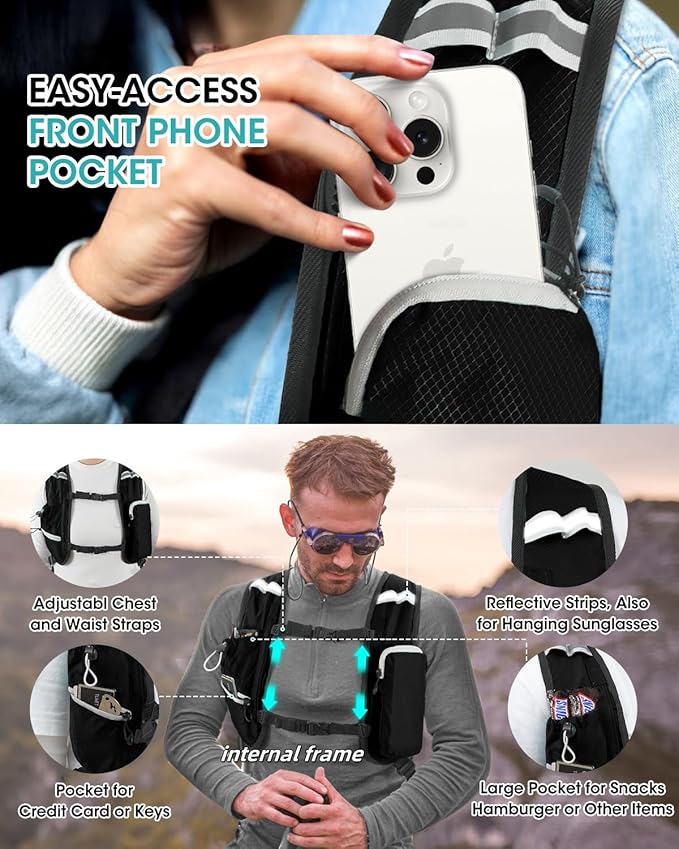 Small Hiking Backpack with Front Phone Holder, Packable Back pack with Chest and Waist Strap