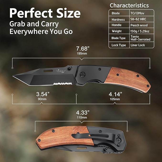 Vickay Pocket Knife, Folding Knife with Clip - 3.54??Black Serrated Steel Blade, Wood Handle EDC