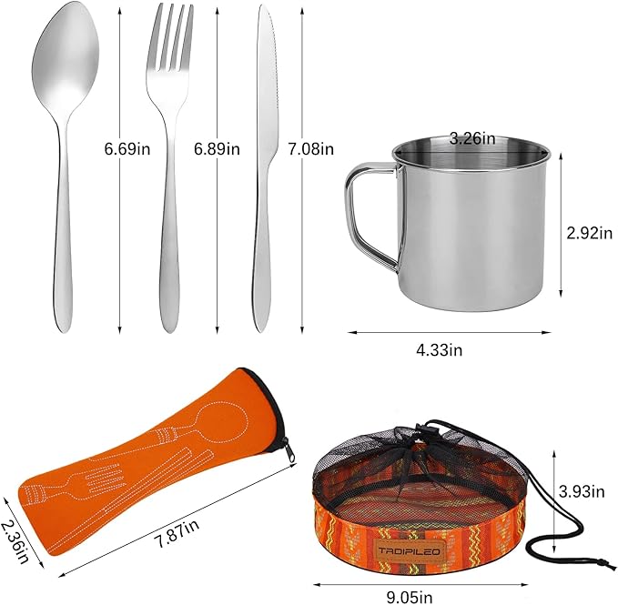 Stainless Steel Camping Cutlery Set - 8 Piece, Includes Spoons, Mugs, Bowls, Plates, Rags &