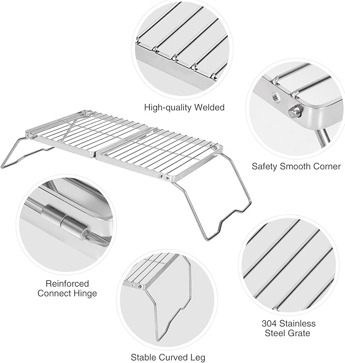 REDCAMP Folding Campfire Grill 304 Stainless Steel Grate, Adjustable Height Portable Camping Grill