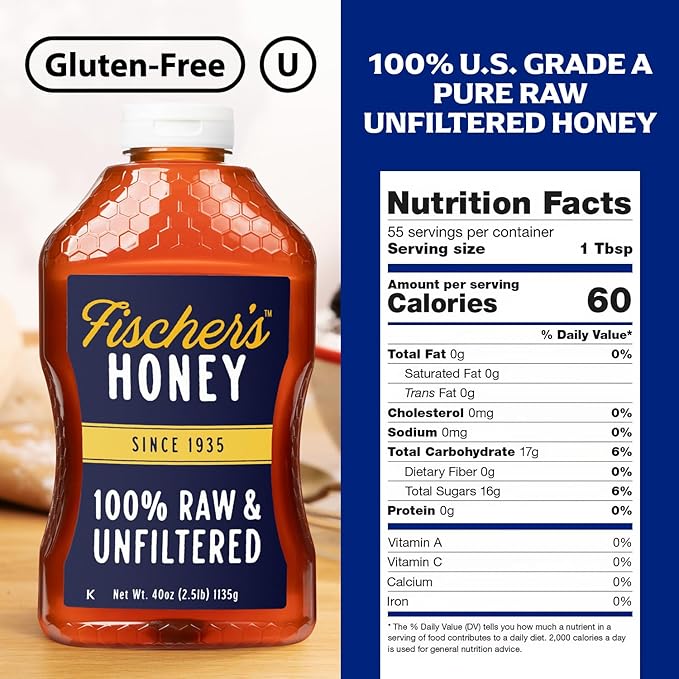 Fischer's 100% Pure, Raw & Unfiltered Honey, 40 oz – USA Made Honey – All-Natural Sweetener – Rich